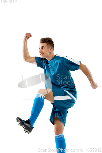 Image of Funny emotions of professional soccer player isolated on white studio background, excitement in game