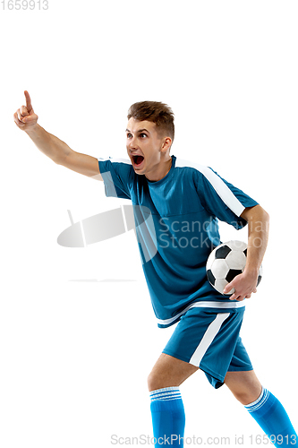 Image of Funny emotions of professional soccer player isolated on white studio background, excitement in game