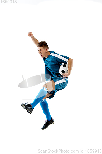 Image of Funny emotions of professional soccer player isolated on white studio background, excitement in game