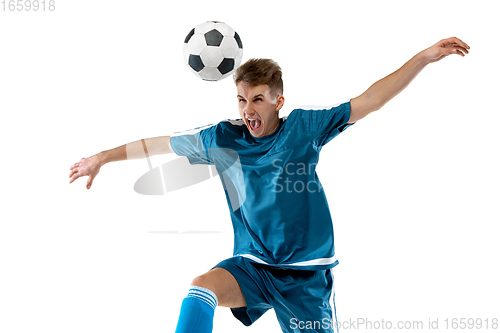 Image of Funny emotions of professional soccer player isolated on white studio background, excitement in game