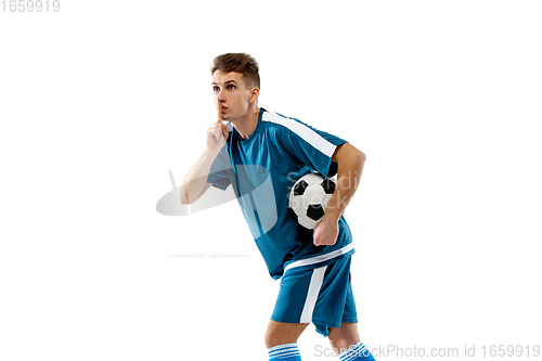 Image of Funny emotions of professional soccer player isolated on white studio background, excitement in game