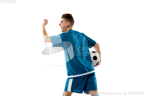 Image of Funny emotions of professional soccer player isolated on white studio background, excitement in game