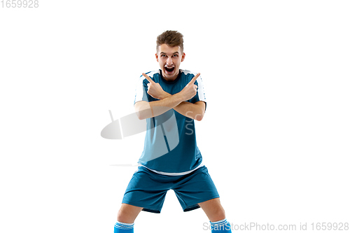 Image of Funny emotions of professional soccer player isolated on white studio background, excitement in game