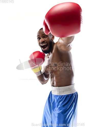 Image of Bright emotions of professional boxer isolated on white studio background, excitement in game