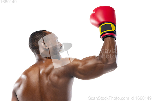 Image of Bright emotions of professional boxer isolated on white studio background, excitement in game