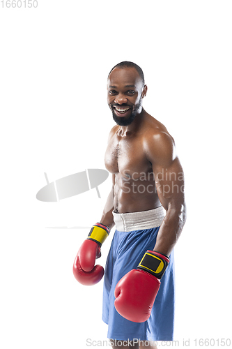 Image of Bright emotions of professional boxer isolated on white studio background, excitement in game