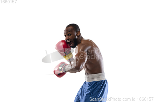 Image of Bright emotions of professional boxer isolated on white studio background, excitement in game