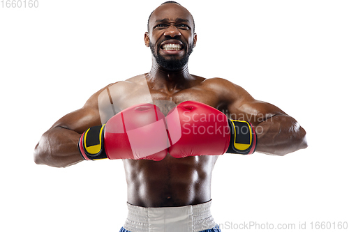 Image of Bright emotions of professional boxer isolated on white studio background, excitement in game