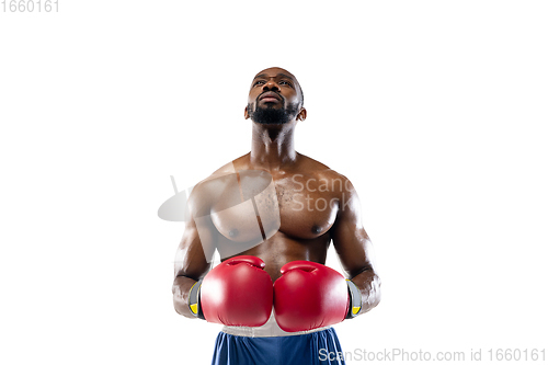 Image of Bright emotions of professional boxer isolated on white studio background, excitement in game