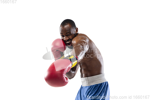 Image of Bright emotions of professional boxer isolated on white studio background, excitement in game