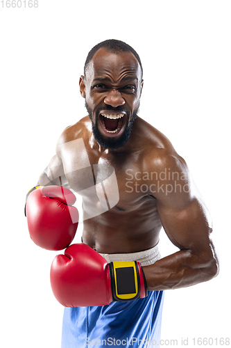 Image of Bright emotions of professional boxer isolated on white studio background, excitement in game