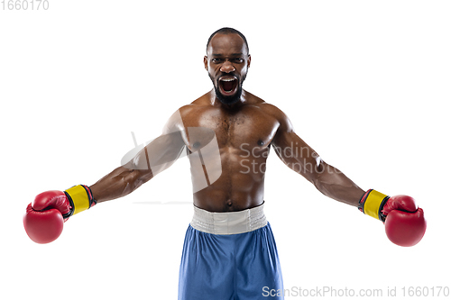 Image of Bright emotions of professional boxer isolated on white studio background, excitement in game