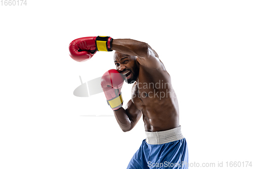 Image of Bright emotions of professional boxer isolated on white studio background, excitement in game