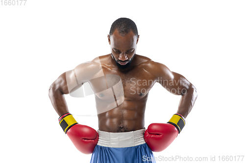 Image of Bright emotions of professional boxer isolated on white studio background, excitement in game