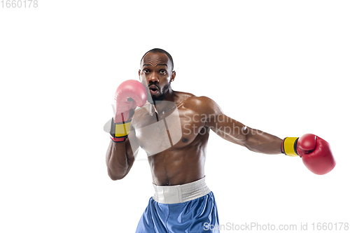 Image of Bright emotions of professional boxer isolated on white studio background, excitement in game