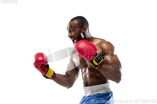 Image of Bright emotions of professional boxer isolated on white studio background, excitement in game