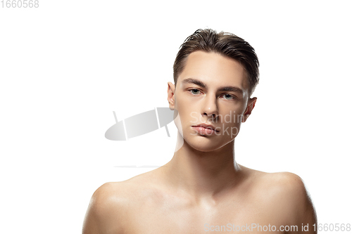 Image of Portrait of young man isolated on white studio background. Caucasian attractive male model. Concept of fashion and beauty, self-care, body and skin care.