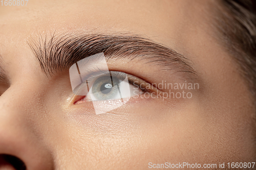 Image of Close up face of young man isolated on white studio background. Caucasian attractive male model. Concept of fashion and beauty, self-care, body and skin care.