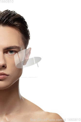 Image of Portrait of young man isolated on white studio background. Caucasian attractive male model. Concept of fashion and beauty, self-care, body and skin care.