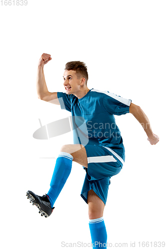 Image of Funny emotions of professional soccer player isolated on white studio background, excitement in game