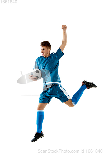 Image of Funny emotions of professional soccer player isolated on white studio background, excitement in game