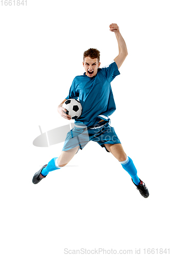 Image of Funny emotions of professional soccer player isolated on white studio background, excitement in game