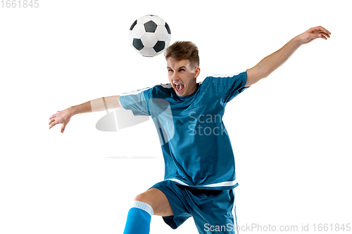 Image of Funny emotions of professional soccer player isolated on white studio background, excitement in game