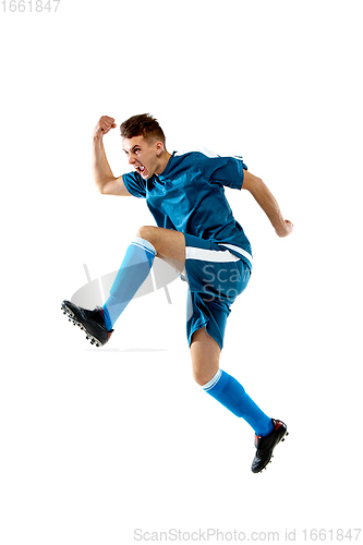 Image of Funny emotions of professional soccer player isolated on white studio background, excitement in game