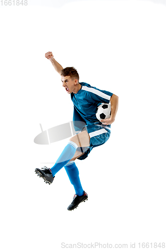 Image of Funny emotions of professional soccer player isolated on white studio background, excitement in game