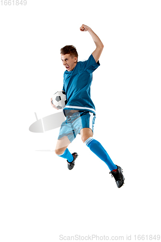 Image of Funny emotions of professional soccer player isolated on white studio background, excitement in game