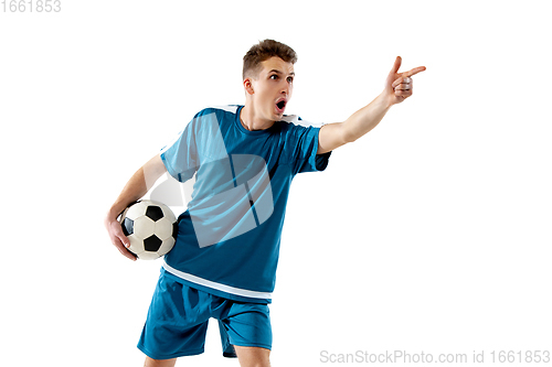 Image of Funny emotions of professional soccer player isolated on white studio background, excitement in game