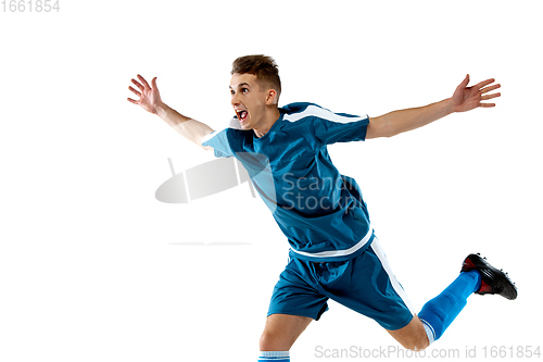 Image of Funny emotions of professional soccer player isolated on white studio background, excitement in game