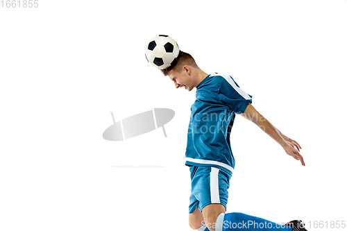 Image of Funny emotions of professional soccer player isolated on white studio background, excitement in game