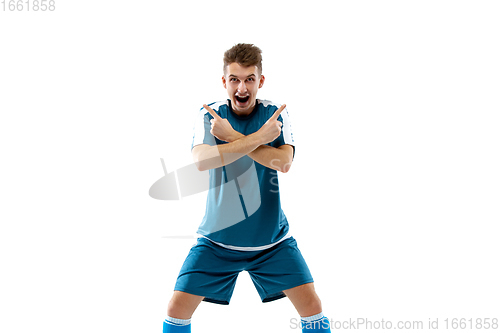 Image of Funny emotions of professional soccer player isolated on white studio background, excitement in game