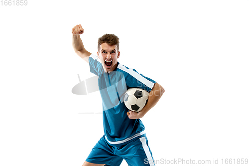 Image of Funny emotions of professional soccer player isolated on white studio background, excitement in game