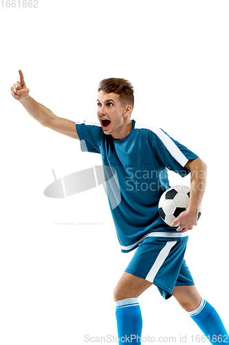 Image of Funny emotions of professional soccer player isolated on white studio background, excitement in game