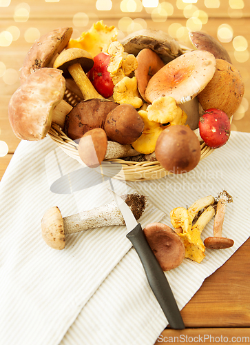 Image of basket of different edible mushrooms and knife