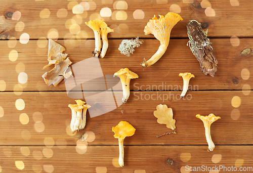 Image of chanterelles on wooden background