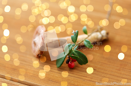 Image of cowberry and lactarius rufus mushroom on wood