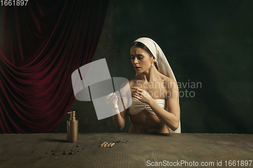 Image of Modern remake of classical artwork with coronavirus theme - young medieval woman on dark background