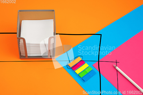 Image of Stationery in bright pop colors with visual illusion effect, modern trendy line art