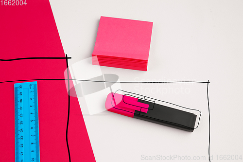 Image of Stationery in bright pop colors with visual illusion effect, modern trendy line art