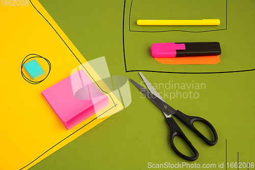 Image of Stationery in bright pop colors with visual illusion effect, modern trendy line art
