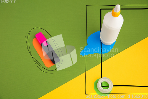 Image of Stationery in bright pop colors with visual illusion effect, modern trendy line art