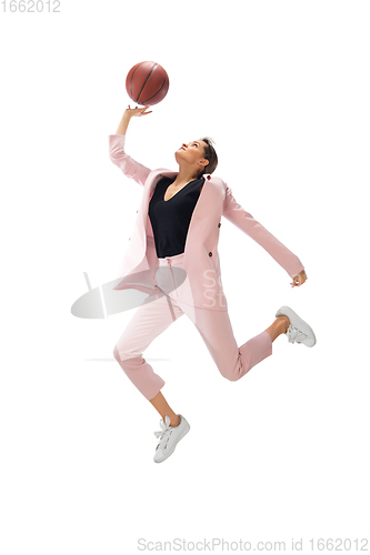 Image of Happy young woman dancing in stylish clothes or suit, remaking legendary moves of celebrity from culture history