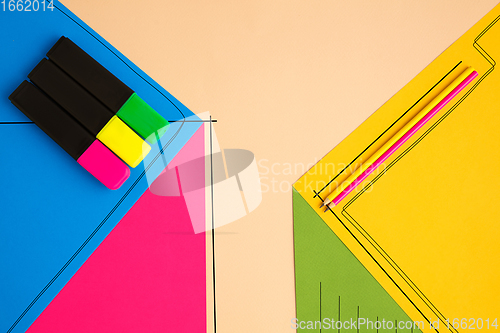 Image of Stationery in bright pop colors with visual illusion effect, modern trendy line art