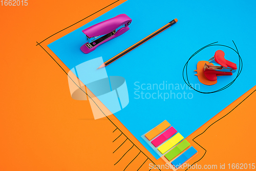 Image of Stationery in bright pop colors with visual illusion effect, modern trendy line art