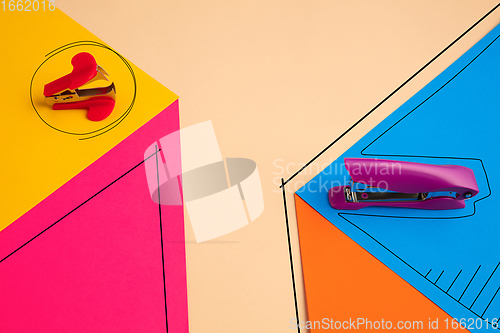 Image of Stationery in bright pop colors with visual illusion effect, modern trendy line art