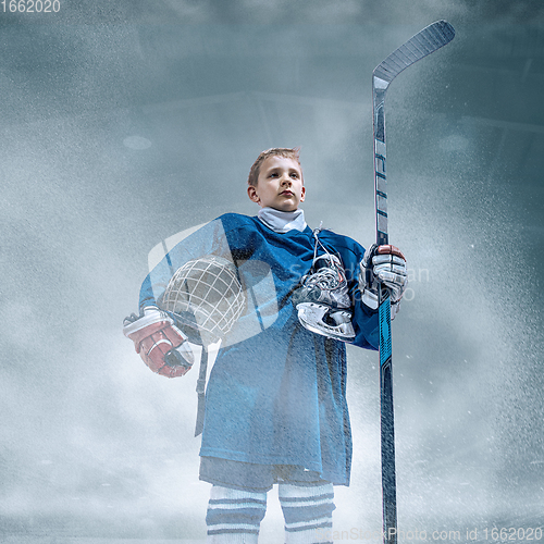 Image of Little hockey player with the stick on ice court in smoke. Sportsboy wearing equipment and helmet training in action.