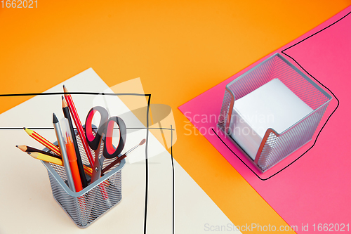 Image of Stationery in bright pop colors with visual illusion effect, modern trendy line art